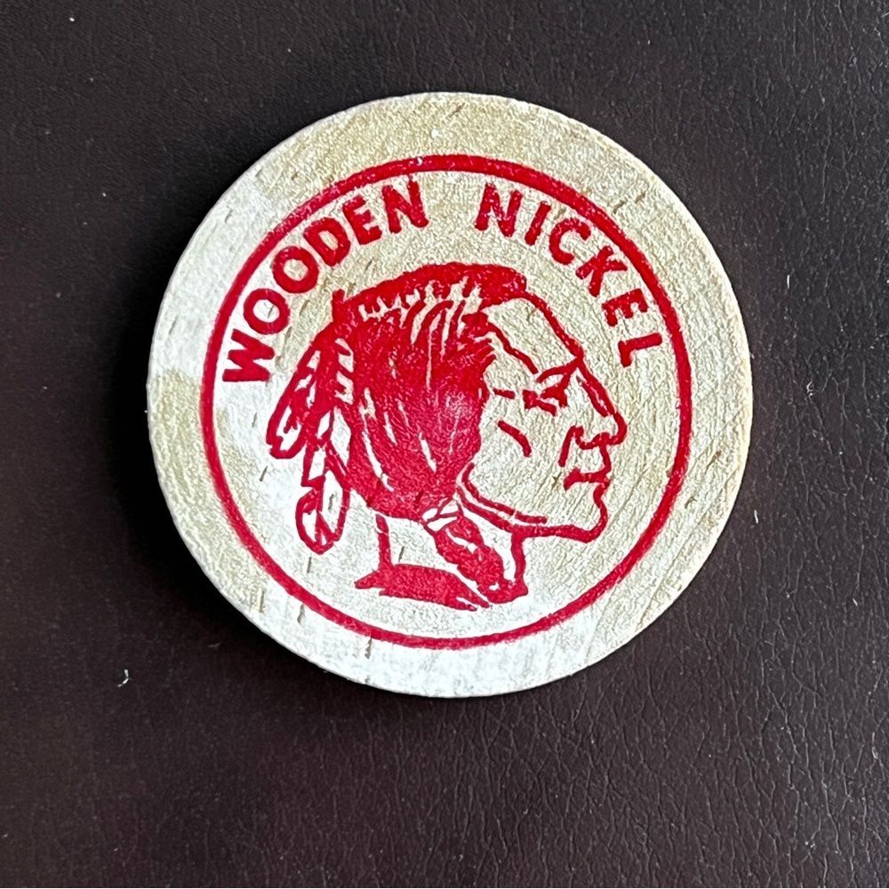 5/$20 Wooden Nickel International Maintenance Institute IMI 1.5" x1/8" Red Ink